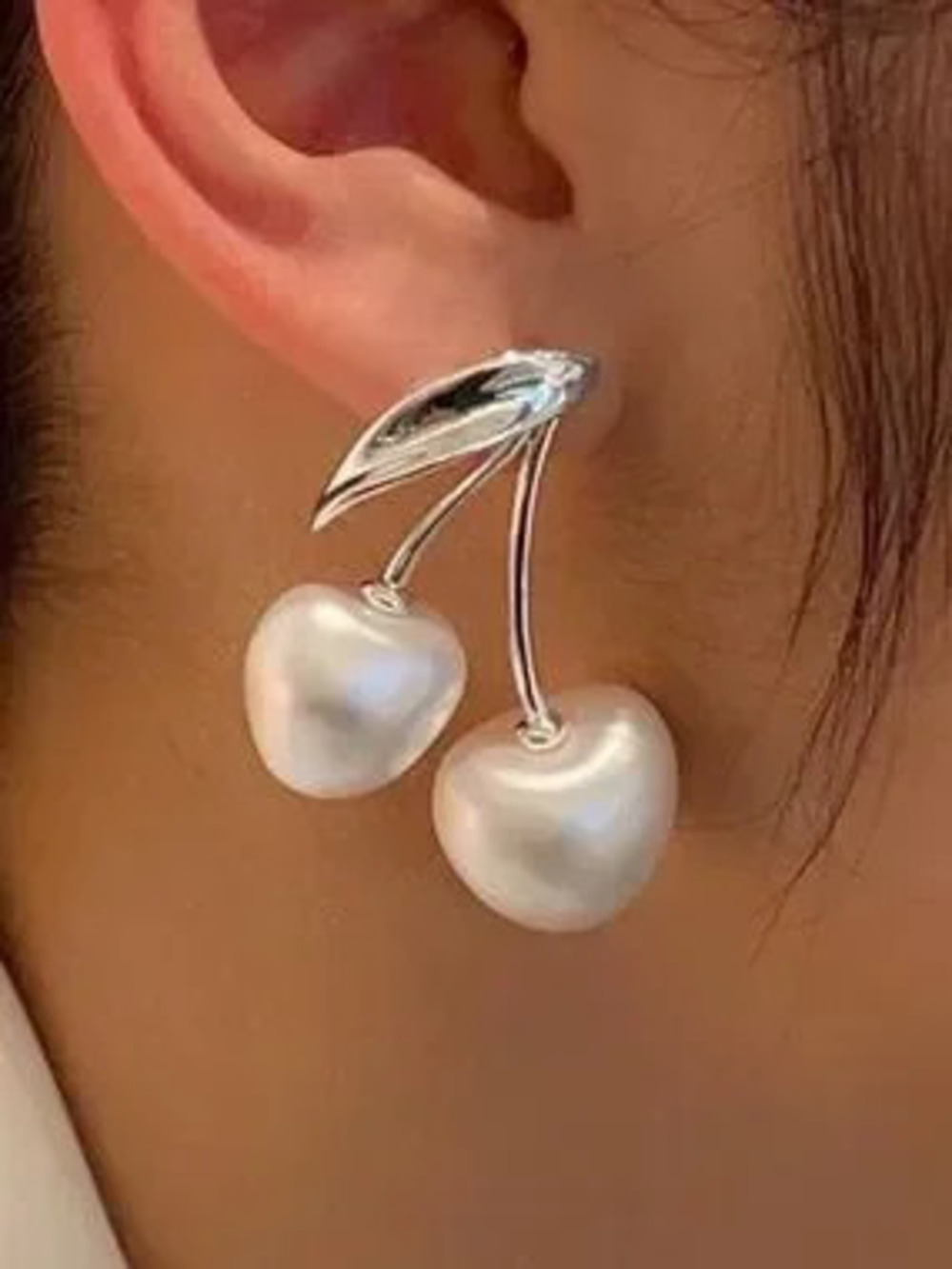 Anthropologie Silver Tone Cherry Pearl Drop Earrings - White
